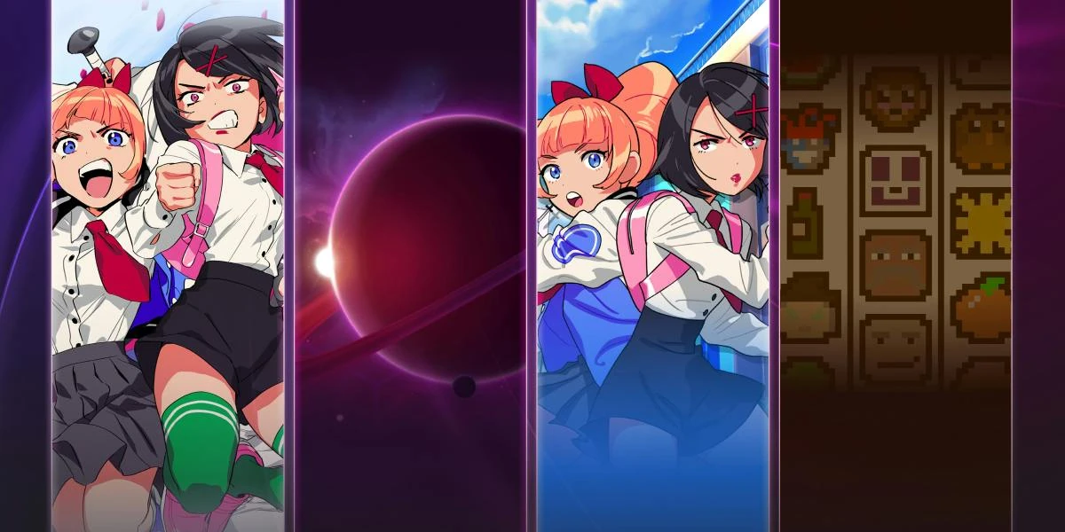 Cuatro franjas verticales sobre fondo morado: Kyoko y Misako de River City Girls dos veces, un planeta oscuro con un anillo y los símbolos en pixel art de una tragaperras