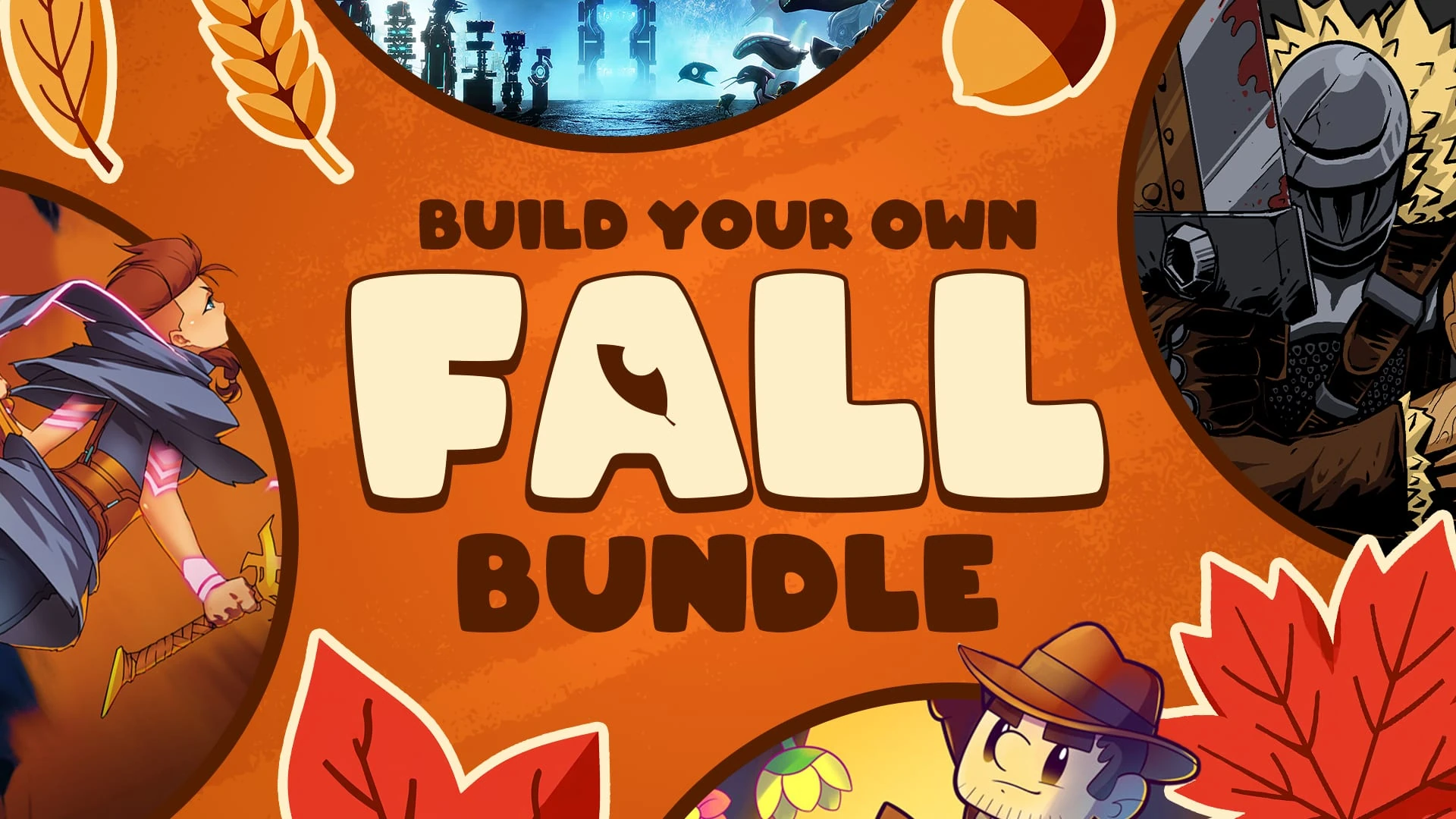 Hojas de otoño sobre fondo naranja alrededor del rótulo Build your own Fall Bundle, y círculos con una maga, un caballero, un explorador y una ciudad futurista