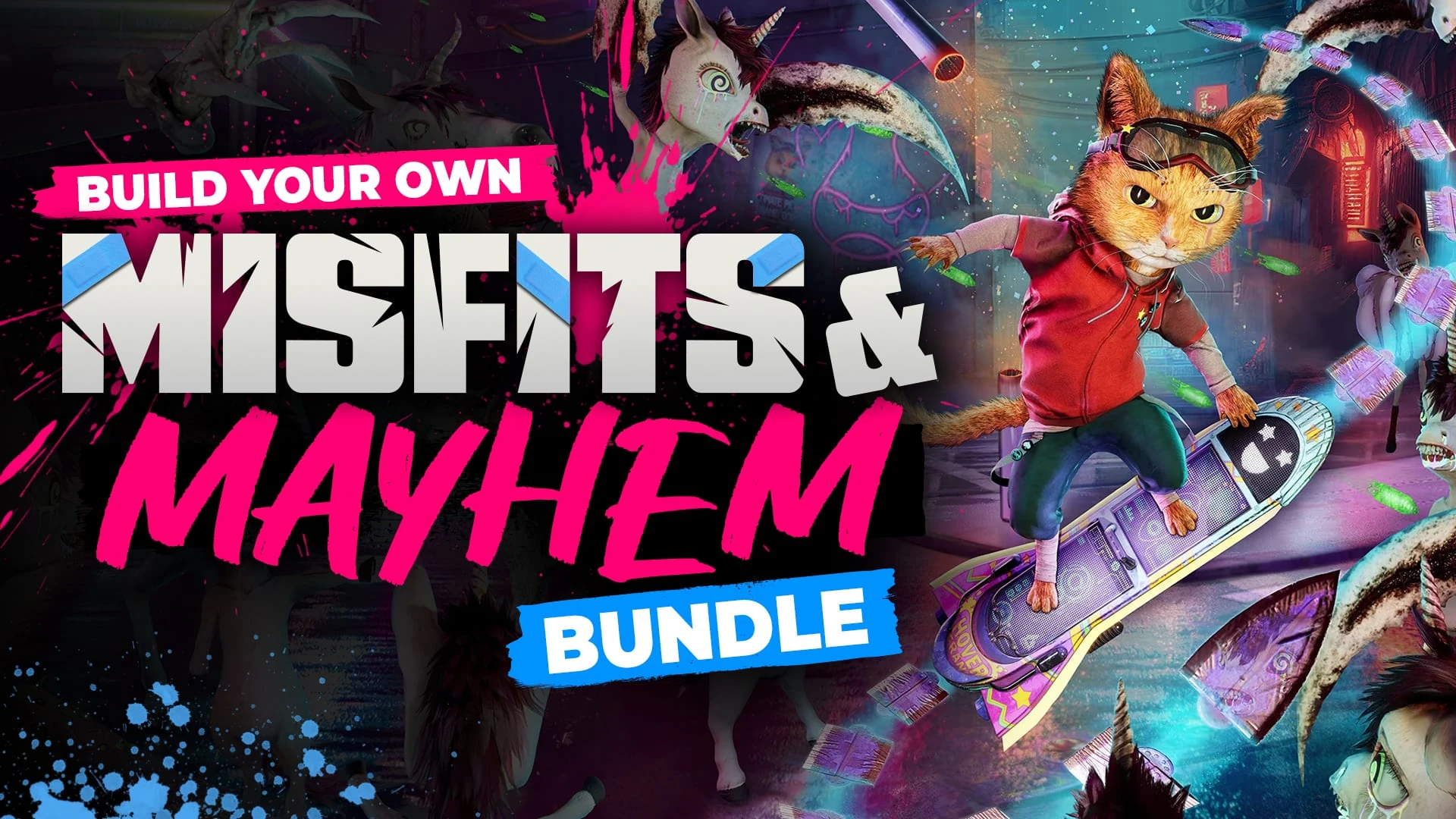 Un gato con gafas y sudadera roja sobre un aerodeslizador, entre unicornios monstruosos, junto al rótulo Misfits & Mayhem Bundle