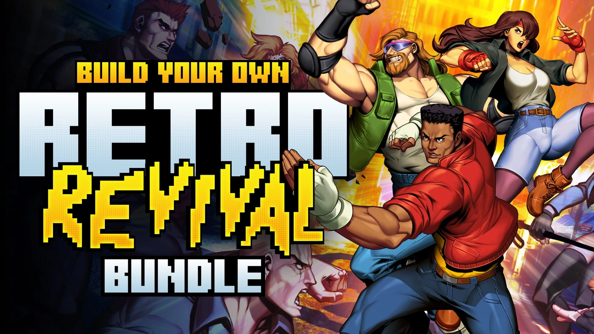 Tres luchadores de beat 'em up dibujados, uno con chaqueta roja en primer plano, junto al rótulo pixelado Build your own Retro Revival Bundle