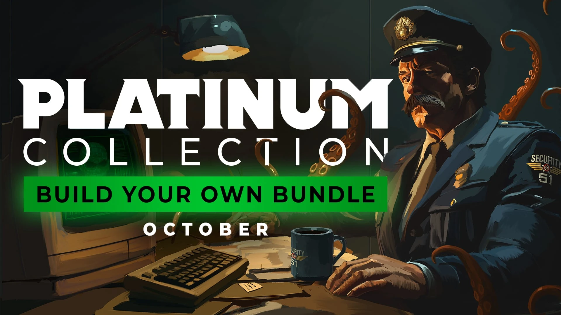 Un guardia de seguridad con bigote ante un ordenador antiguo y una taza, con tentáculos detrás, junto al rótulo «Platinum Collection» de octubre