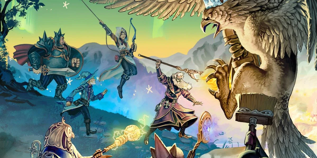 Ilustración de la saga Trine: el caballero, la ladrona con su arco y varios magos se lanzan contra una enorme criatura alada con cara de búho