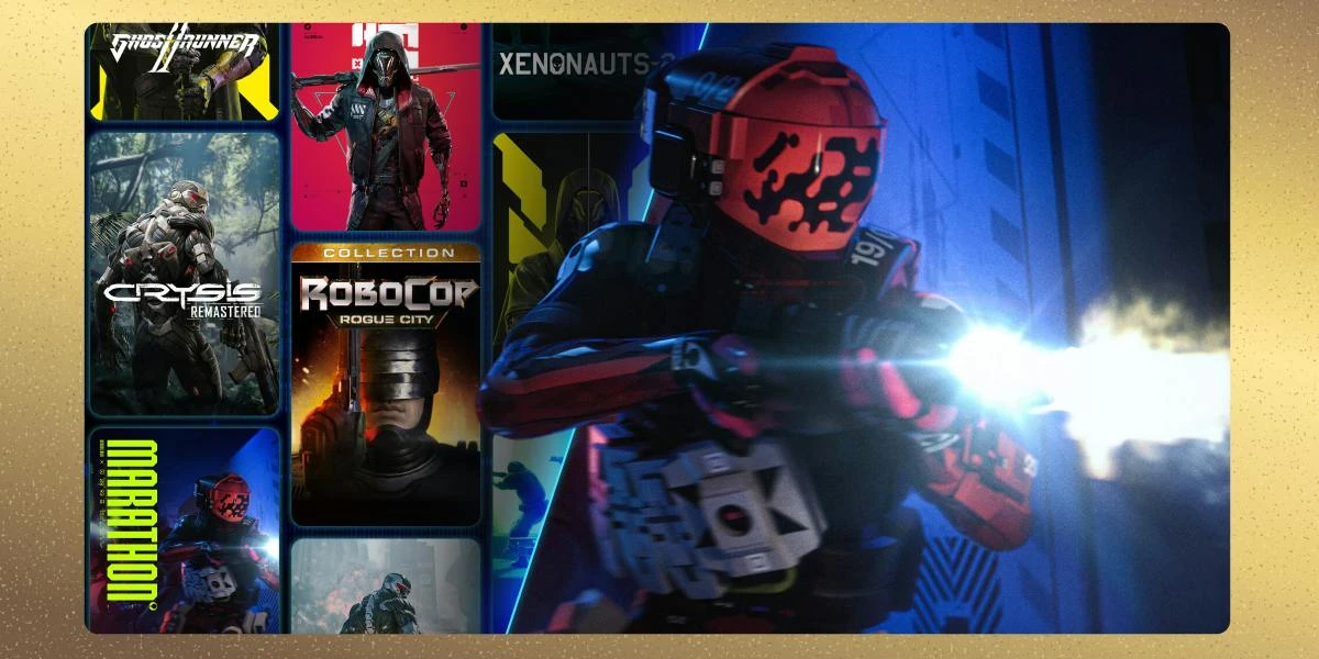 Un soldado con casco rojo dispara en un pasillo azul, junto a las portadas de Ghostrunner 2, Crysis Remastered, RoboCop: Rogue City, Xenonauts 2 y Marathon