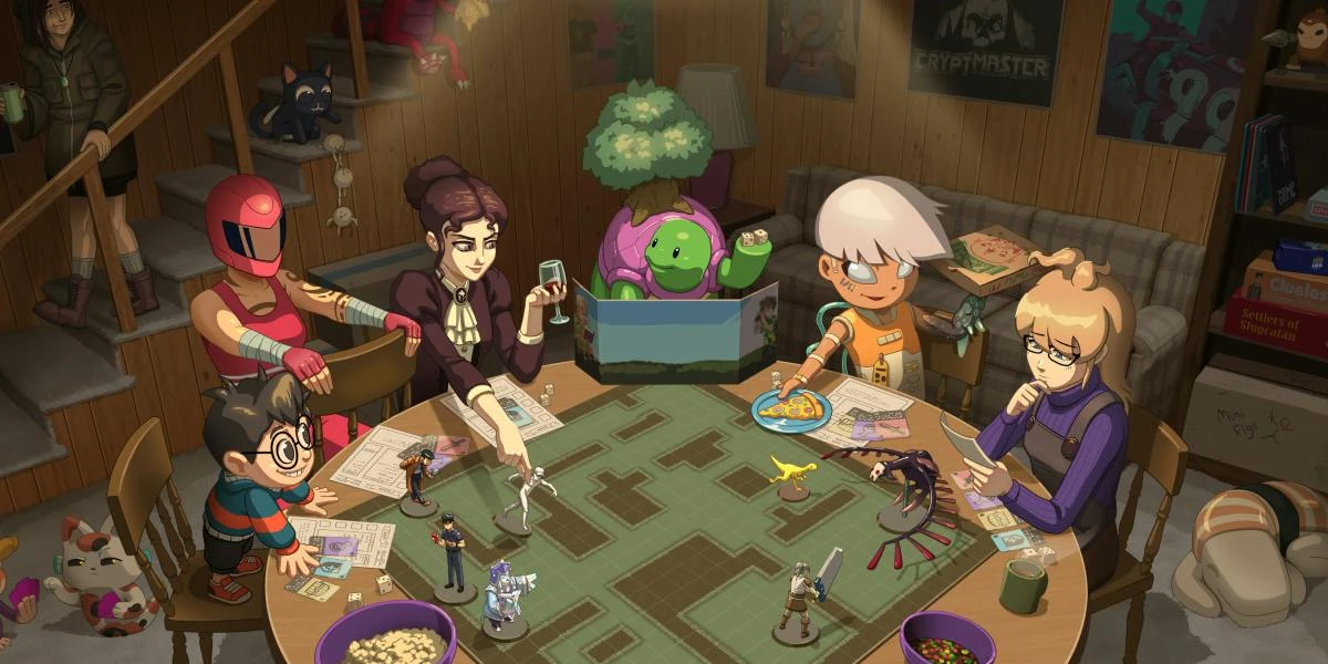 Ilustración de un sótano donde un grupo de personajes juega una partida de rol con miniaturas alrededor de una mesa, con una tortuga con un árbol en el caparazón como directora de juego