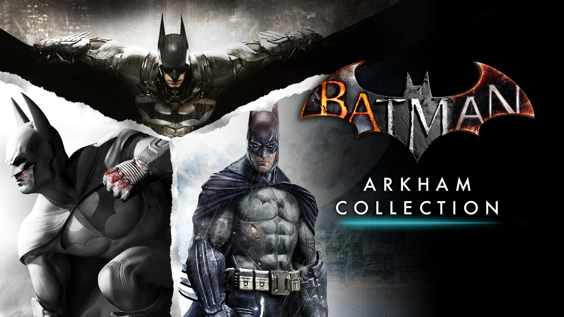 Tres Batman de los juegos de Arkham en un collage rasgado, uno con las alas abiertas arriba y dos de pie abajo, junto al logotipo del murciélago y el rótulo Arkham Collection