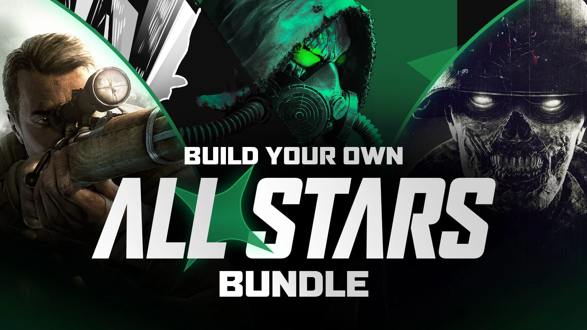 Un francotirador apuntando, una figura con máscara de gas de ojos verdes y un soldado zombi, alrededor del rótulo «Build Your Own All Stars Bundle»