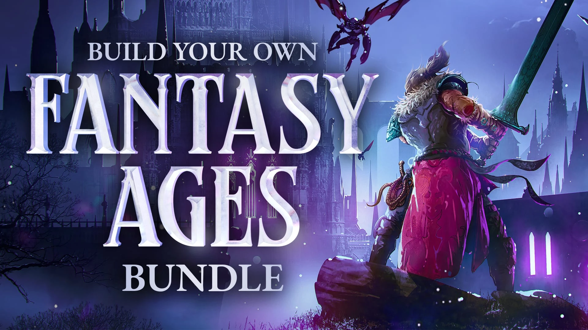 Un guerrero de espaldas, con una espada enorme al hombro, mira una ciudad gótica violeta bajo un dragón, junto al rótulo Fantasy Ages Bundle