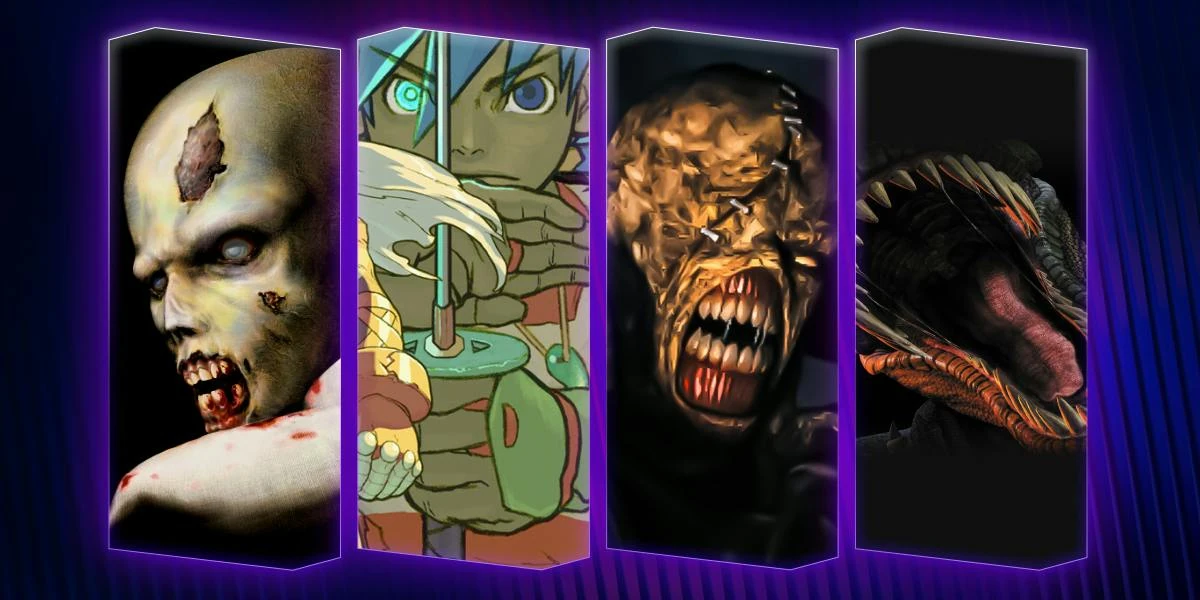 Cuatro paneles con ilustraciones: un zombi, Ryu con una espada, Nemesis enseñando los dientes y las fauces de un dinosaurio