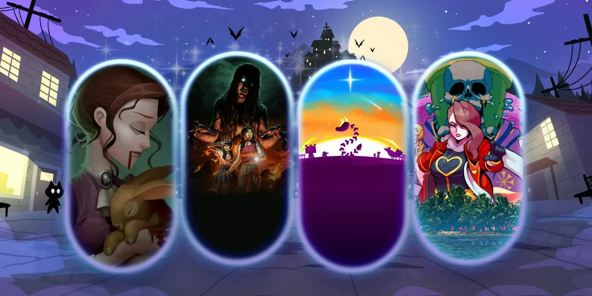 Cuatro ilustraciones en óvalos luminosos sobre una calle de noche con luna, murciélagos y una casa encantada: una vampira con un conejo, dos chicas y un monstruo