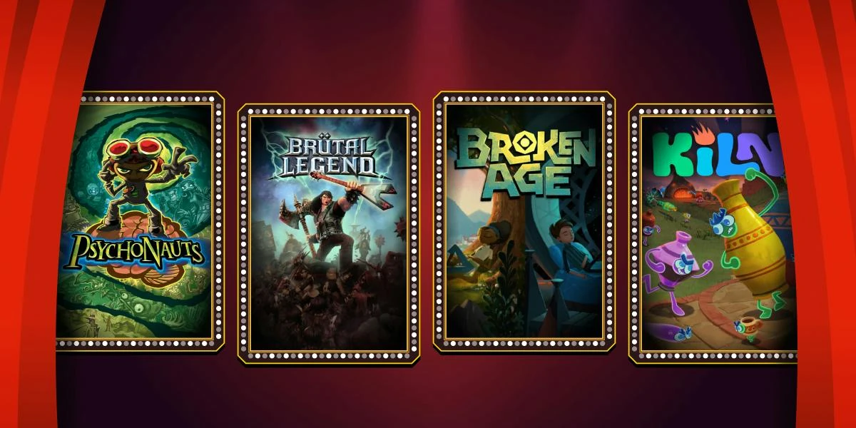 Cuatro carteles enmarcados con bombillas, como de teatro, entre telones rojos: Psychonauts, Brütal Legend, Broken Age y Kiln