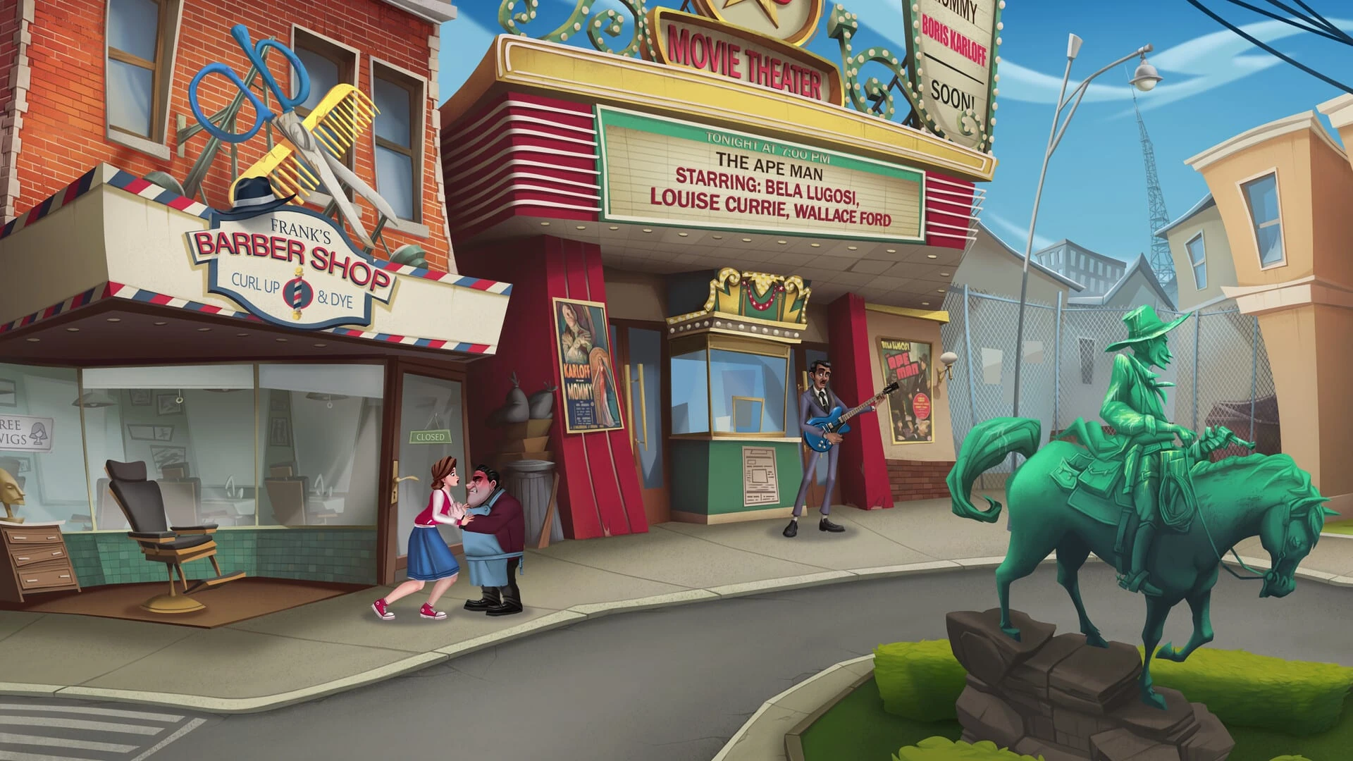 Una calle del pueblo con una barbería, un cine que anuncia The Ape Man con Bela Lugosi y la estatua verde de un vaquero a caballo