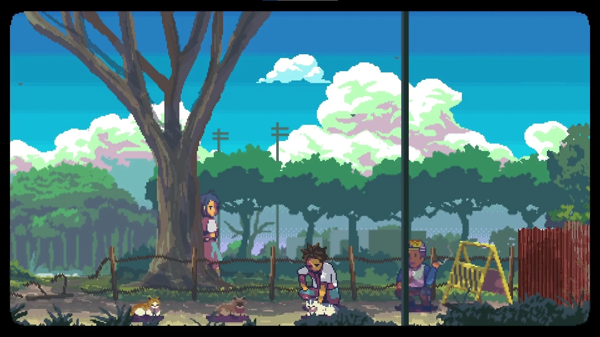 Parque en pixel art bajo un cielo azul con nubes: una chica apoyada en un árbol, Atma agachado acariciando un gato junto a otros dos gatos