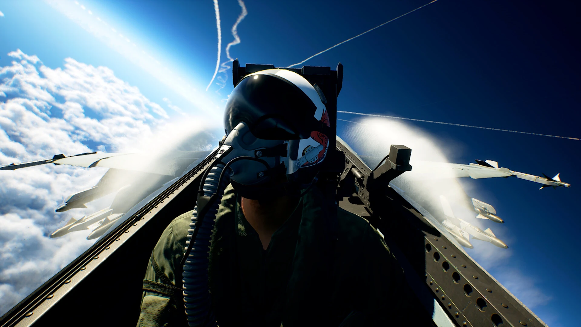 Un piloto con casco y máscara de oxígeno en la cabina de un caza cargado de misiles, sobre un mar de nubes