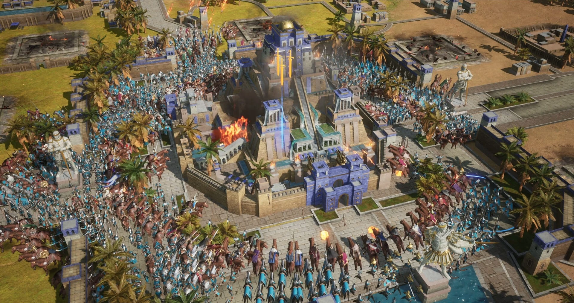 Age of Empires Mobile, un ejército enorme rodea y asalta una ciudad amurallada de edificios azules entre palmeras