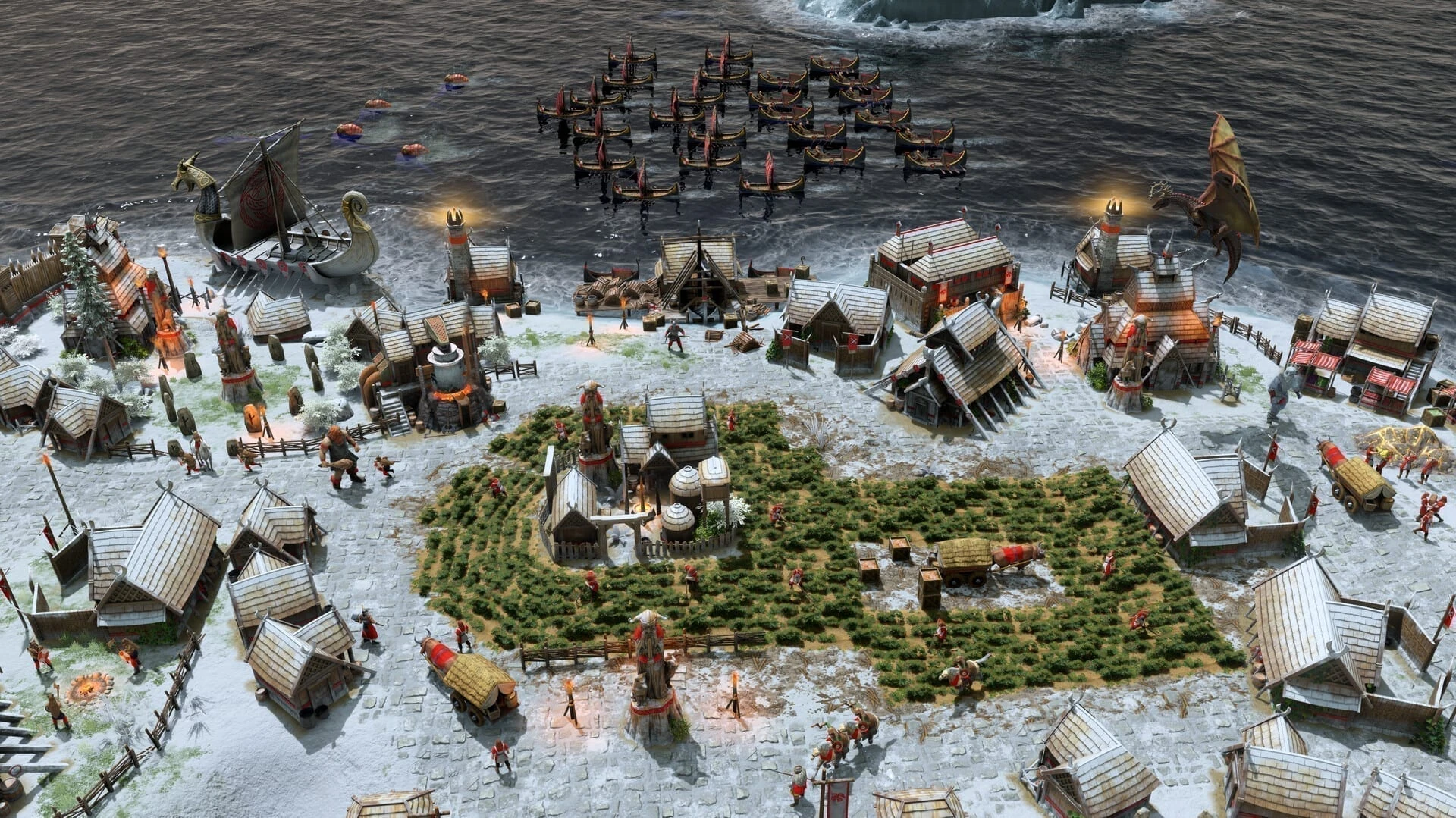 Age of Mythology: Retold, aldea nórdica nevada junto al mar, con barcos en el agua, campos de cultivo y aldeanos trabajando