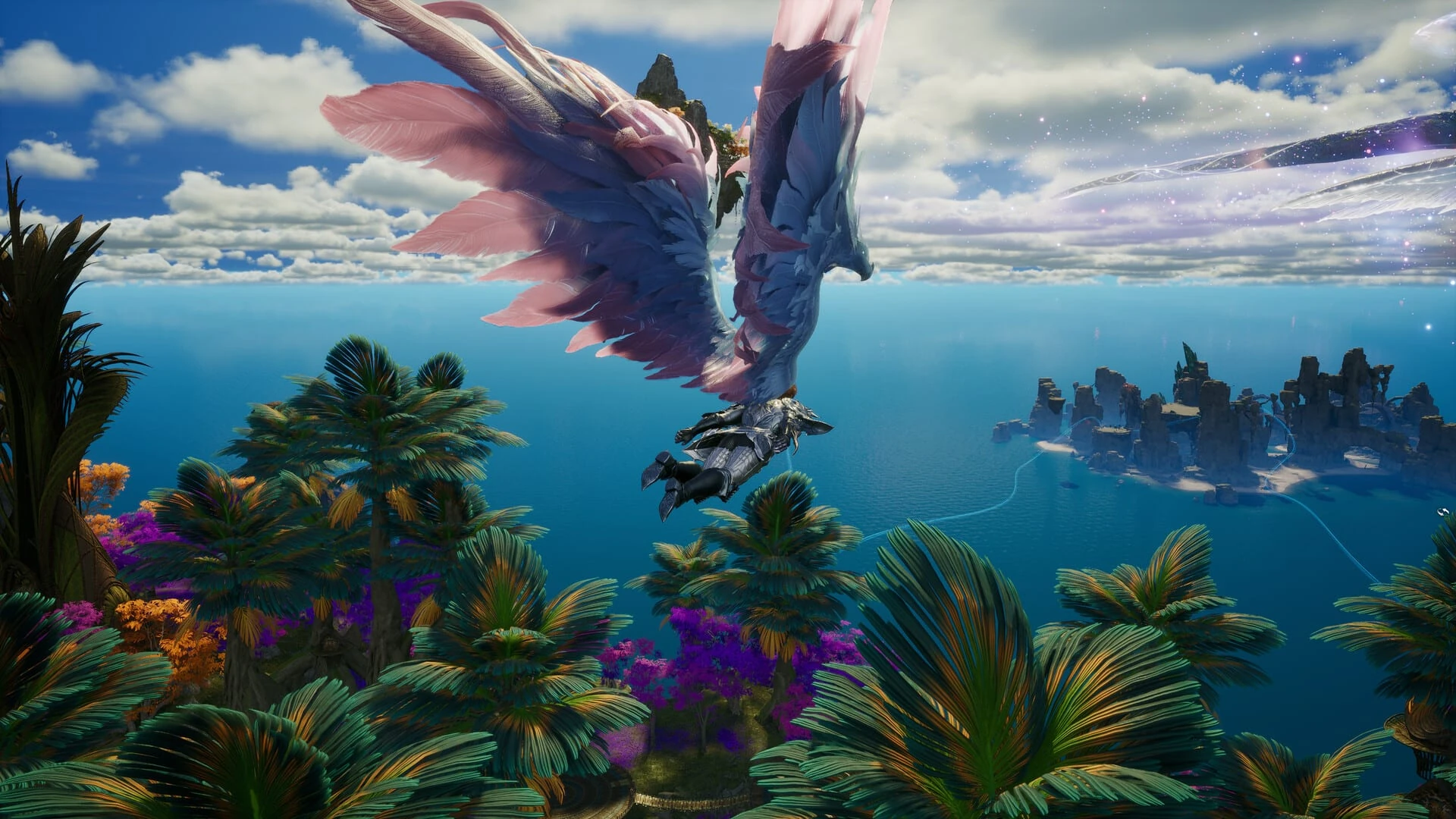 Un personaje con grandes alas de plumas blancas y rosadas vuela sobre una costa tropical hacia unas ruinas en medio del mar