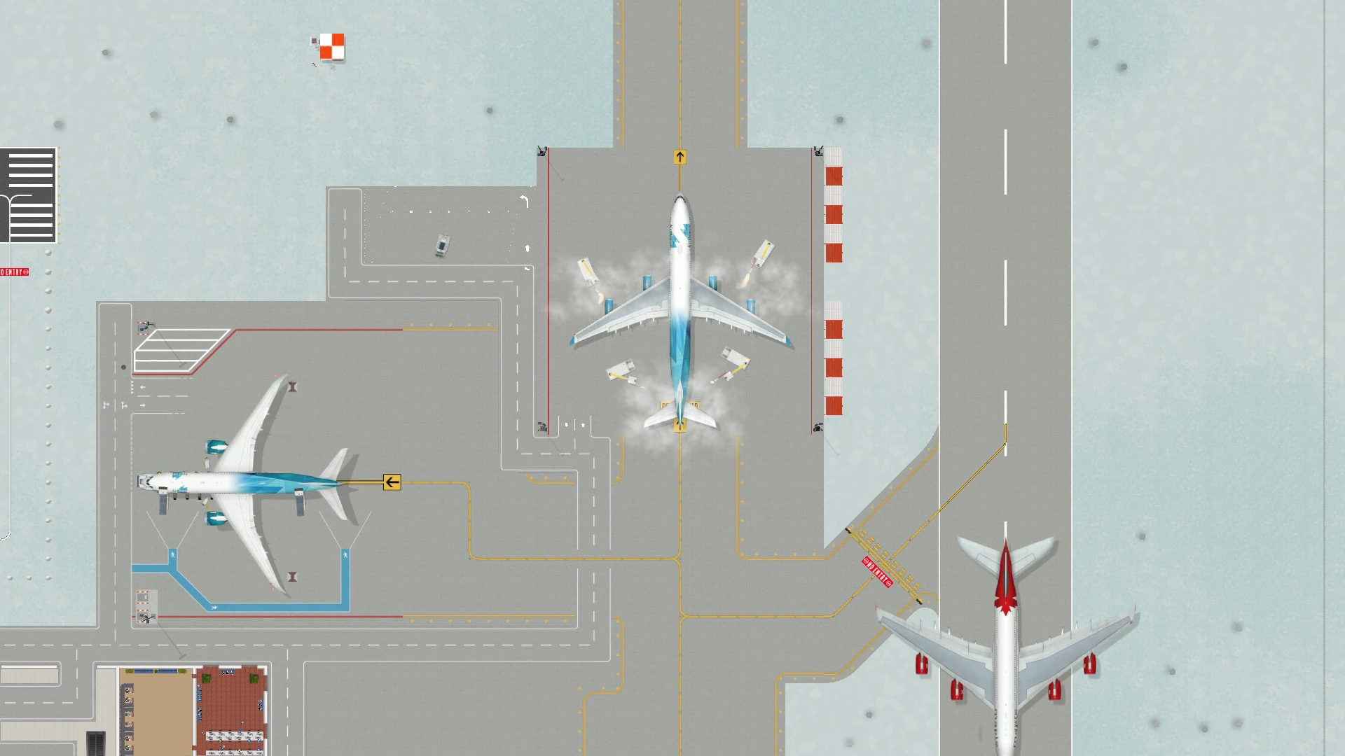 Vista cenital de un aeropuerto nevado: un avión azul y blanco rodeado de vehículos que lo rocían en una plataforma de descongelación