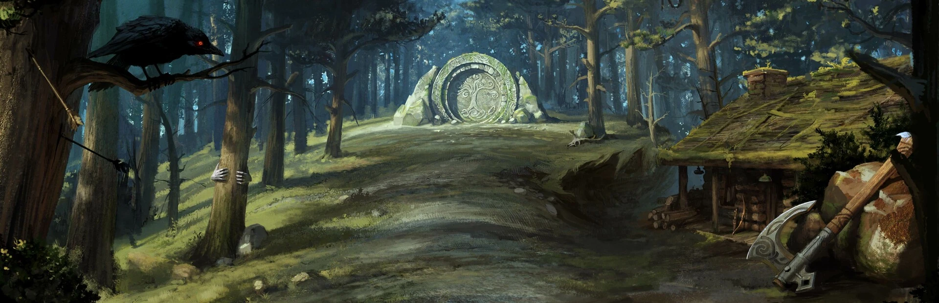 Ilustración de un claro del bosque con un portal de piedra grabado con un árbol, una cabaña de techo cubierto de musgo y un cuervo vigilando desde una rama
