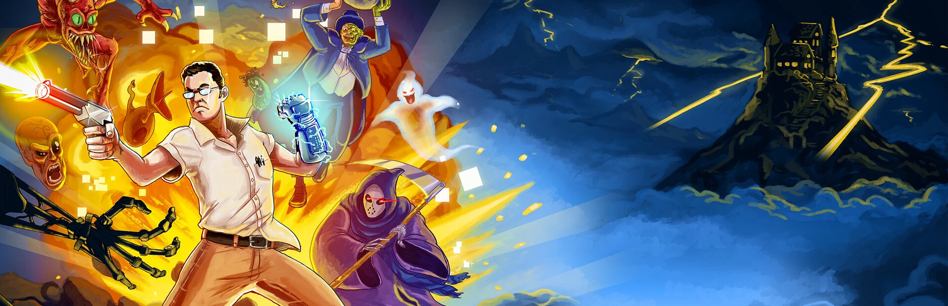 Ilustración del Nerd disparando entre monstruos y fantasmas a la izquierda, con un castillo bajo los rayos de una tormenta a la derecha