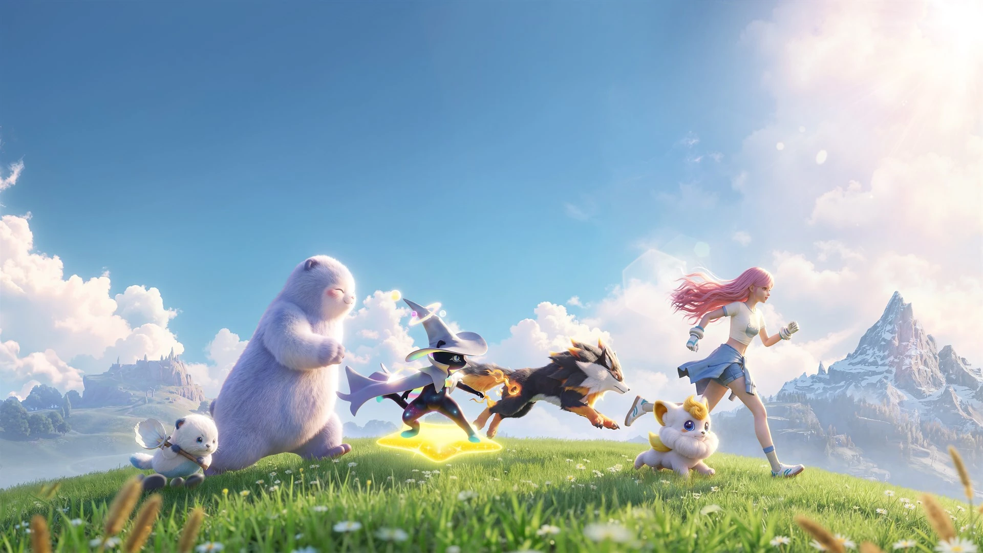 Una chica de pelo rosa corre por un prado junto a un oso blanco enorme y varias criaturas pequeñas, con montañas nevadas al fondo