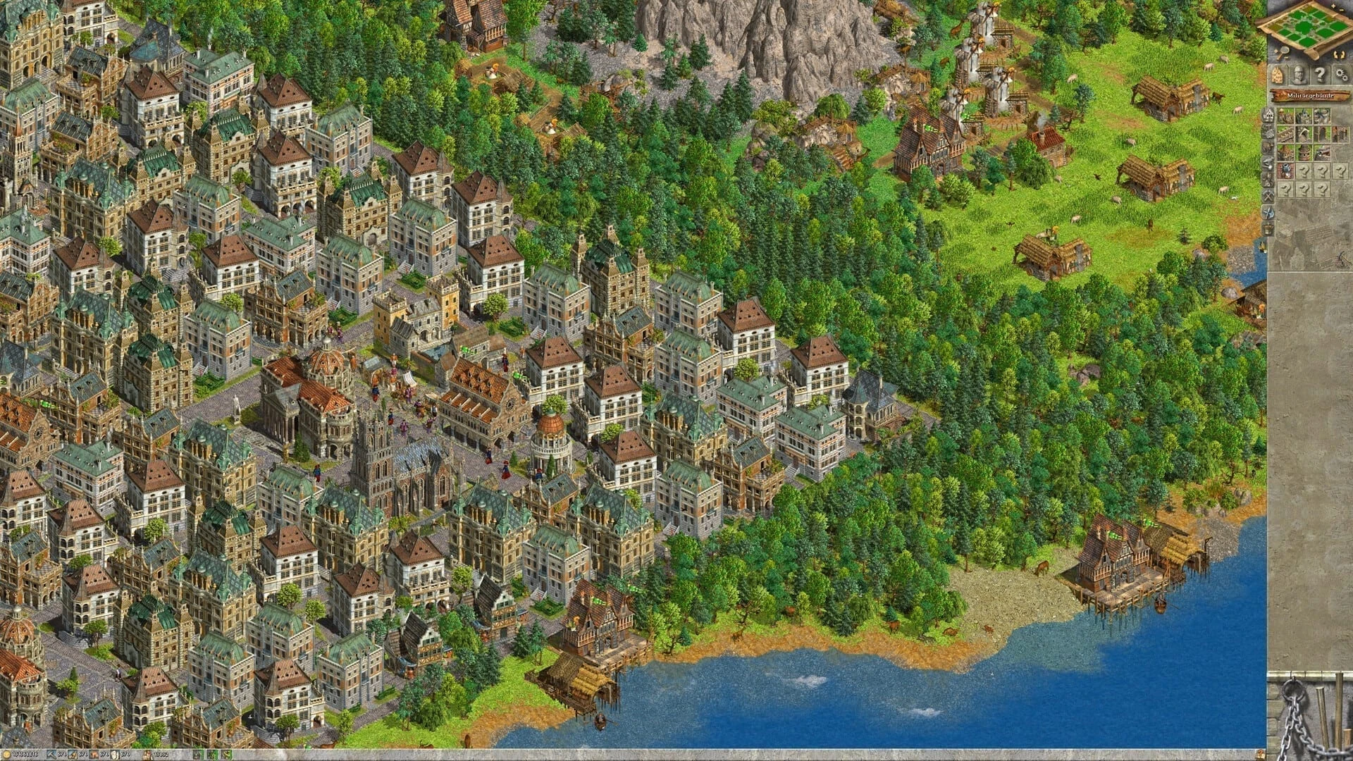 Una ciudad de casas altas y tejados grises junto a un bosque espeso, con montañas al fondo y el mar a la derecha