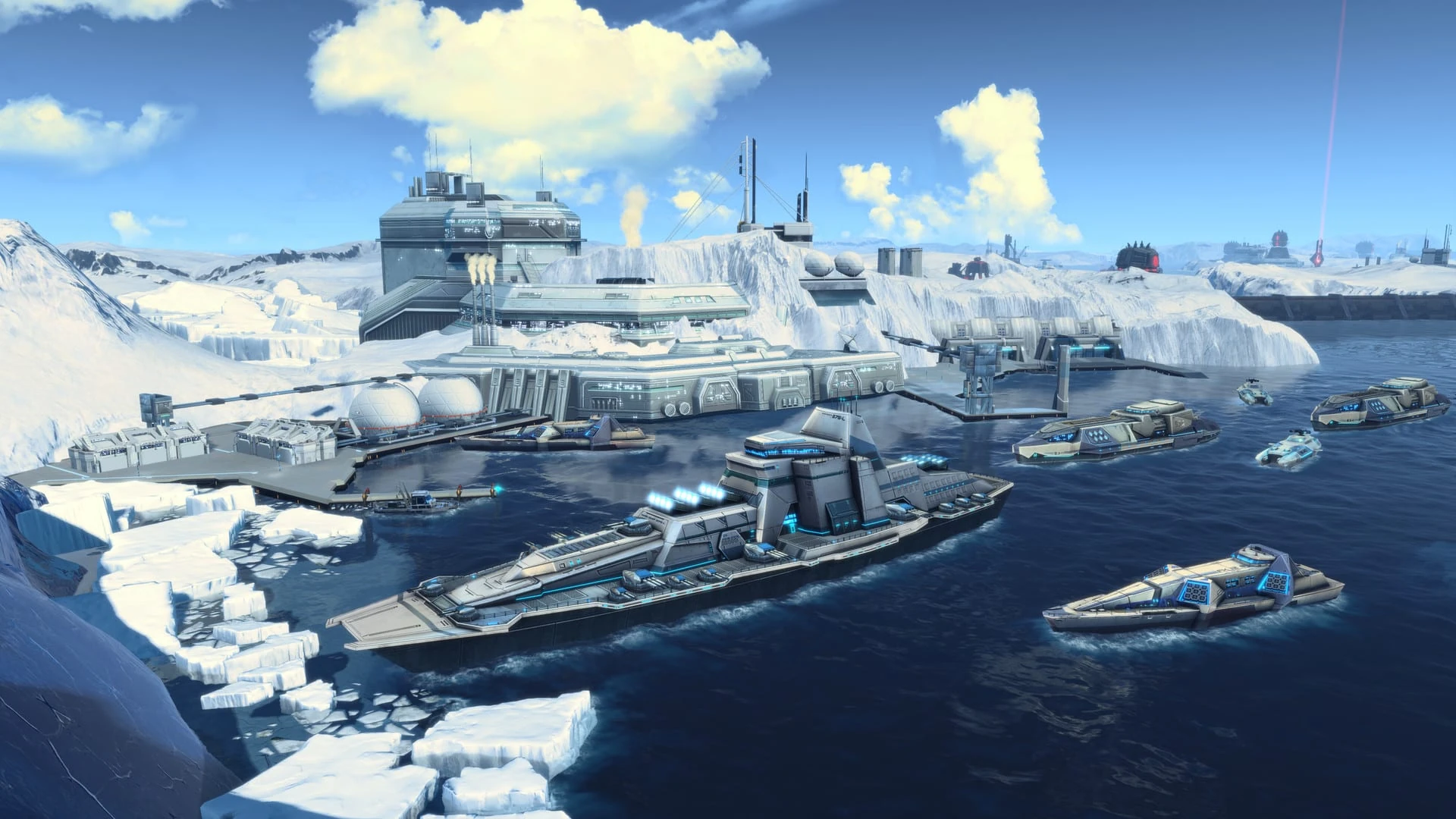 Una base de edificios blancos sobre un glaciar, con un barco de guerra y lanchas atracando entre placas de hielo