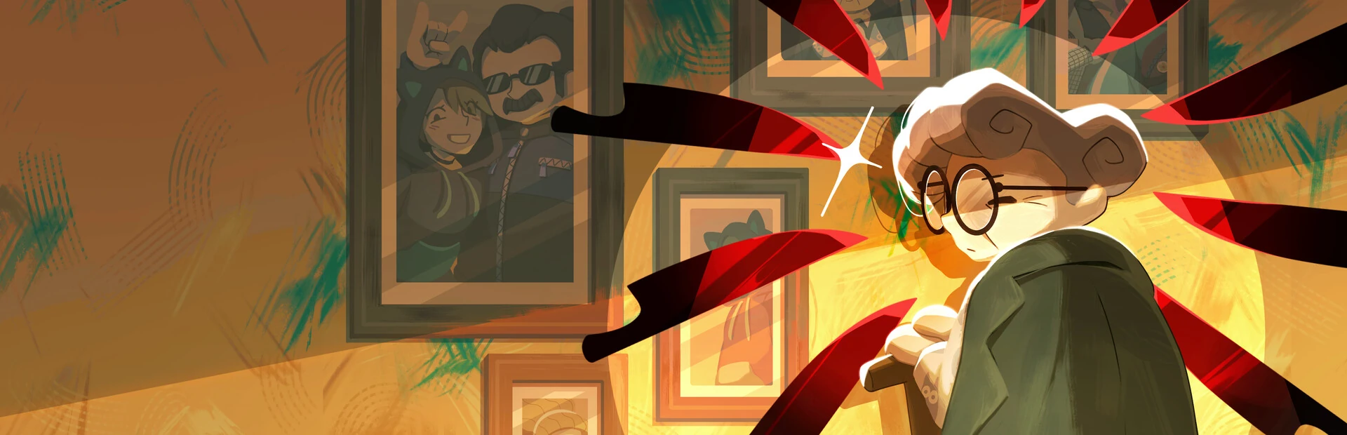 La abuela con gafas redondas ante una pared de fotos familiares, con cuchillos rojos que la rodean como un abanico