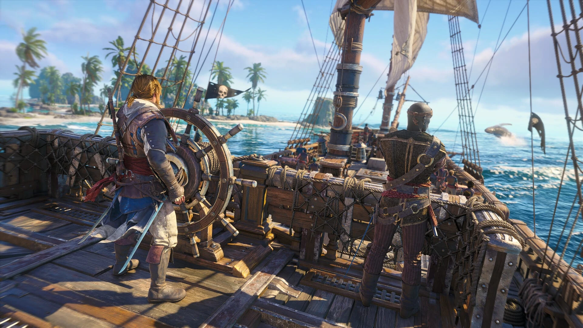 Edward Kenway al timón de su barco, con un tripulante al lado y una isla de palmeras al fondo