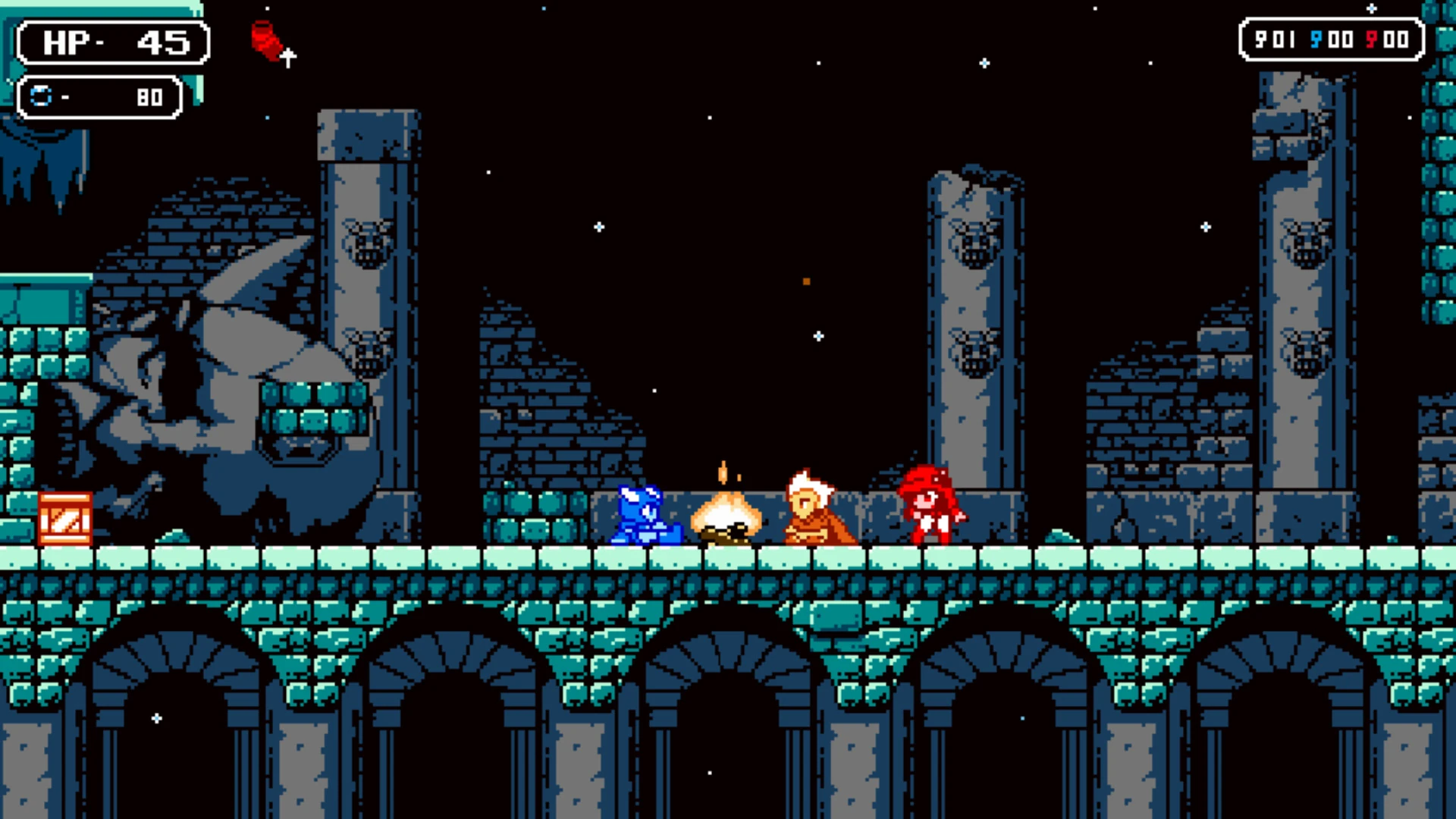 Puente de piedra con arcos bajo un cielo estrellado, entre columnas rotas y una gran cabeza de piedra; los tres héroes, diminutos, descansan junto a una hoguera