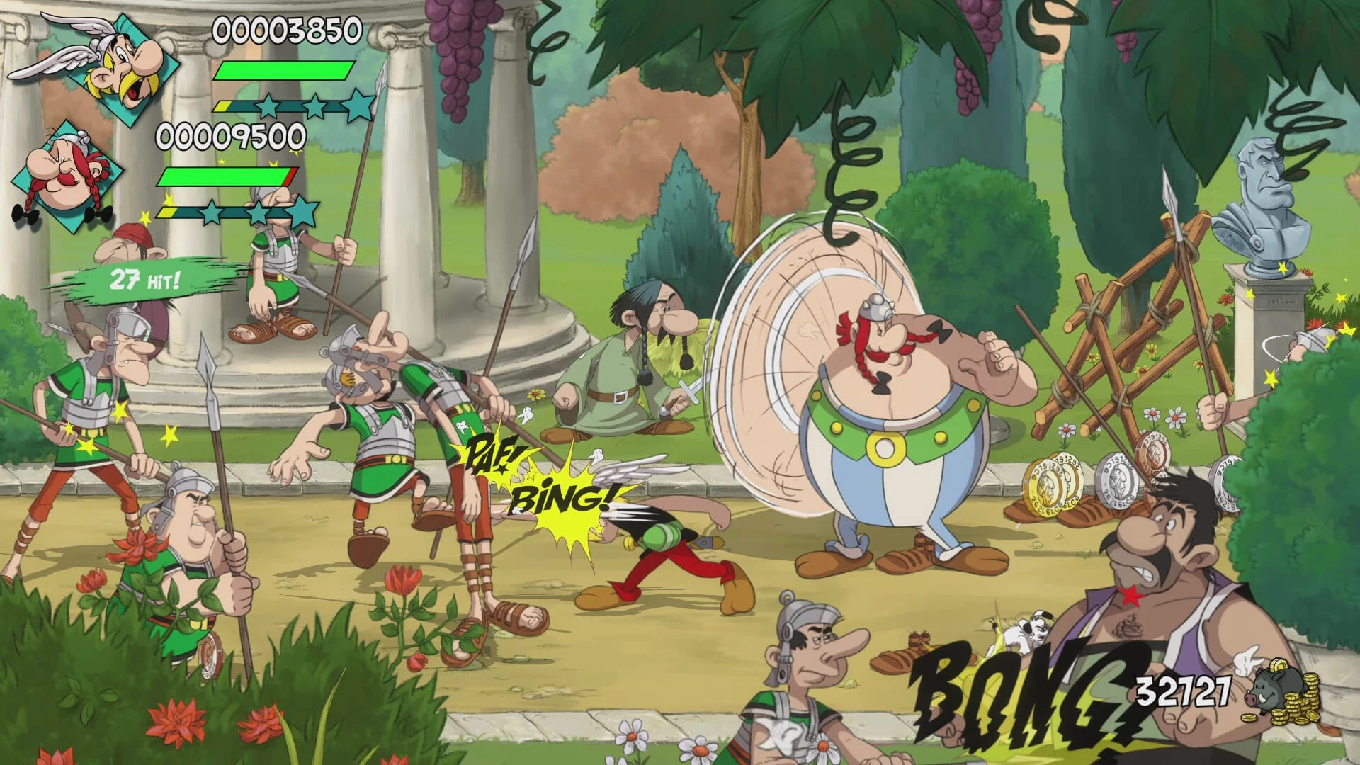 Obélix gira sobre sí mismo en un jardín romano con templete y busto de mármol mientras Astérix derriba a legionarios