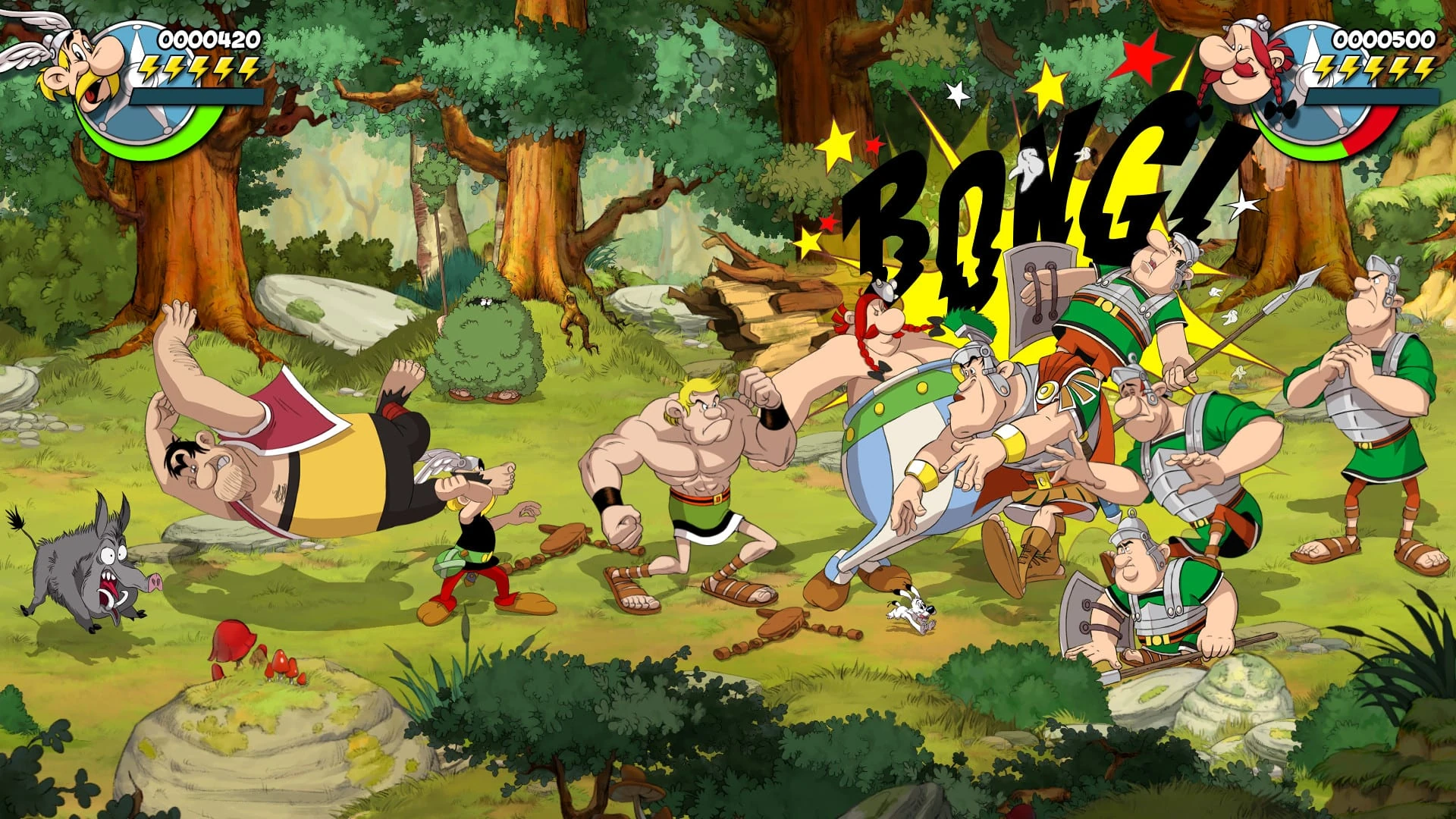 Astérix y Obélix reparten golpes en un claro del bosque ante legionarios y dos matones, con un jabalí y un arbusto que espía