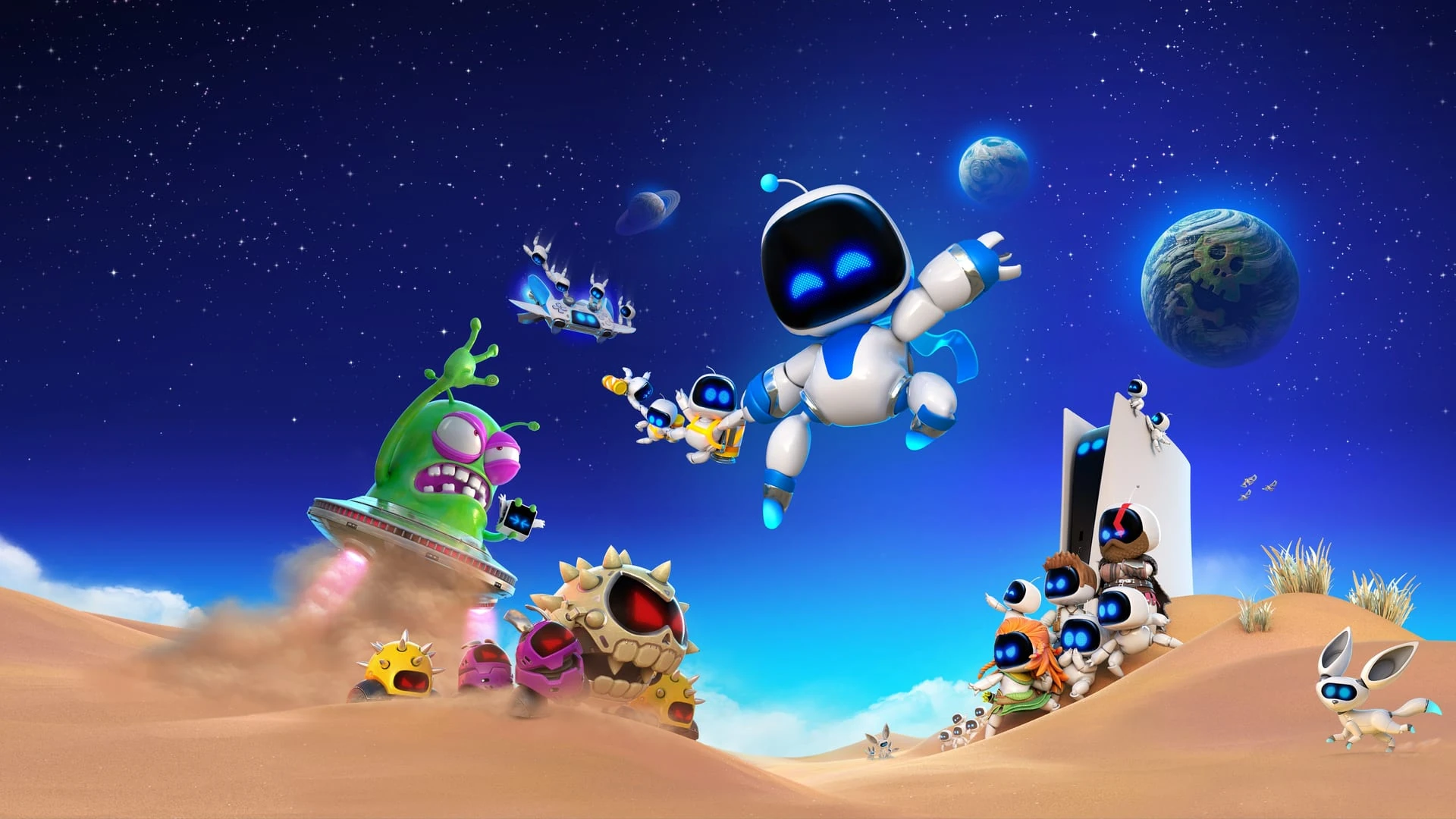 Astro vuela con el puño en alto sobre un planeta de arena, con otros bots, una PS5 clavada en el suelo y un alienígena verde en su platillo