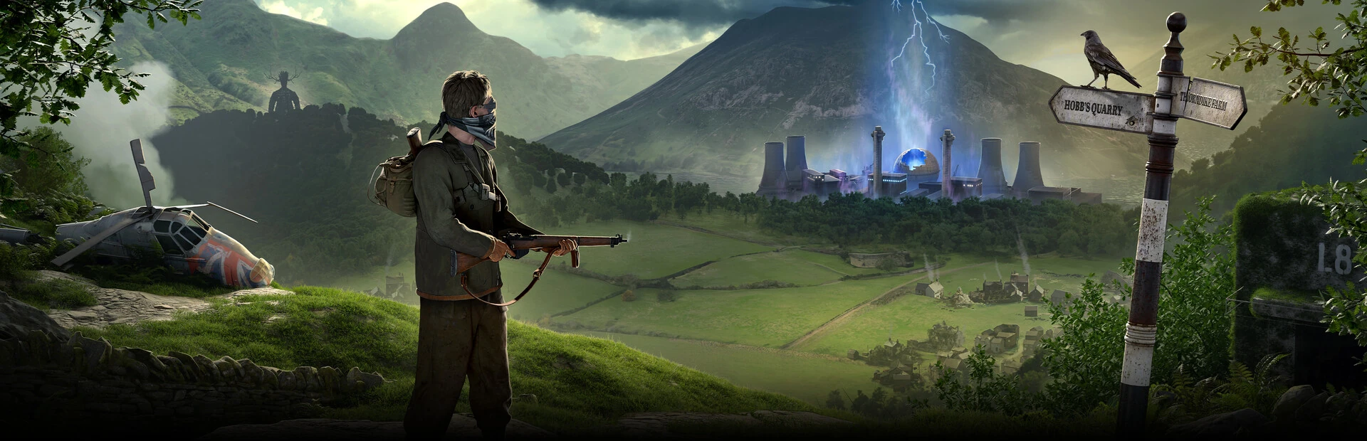 Arte oficial: un superviviente con fusil y pañuelo en la cara, en una ladera verde, mira hacia un valle con una central nuclear envuelta en rayos