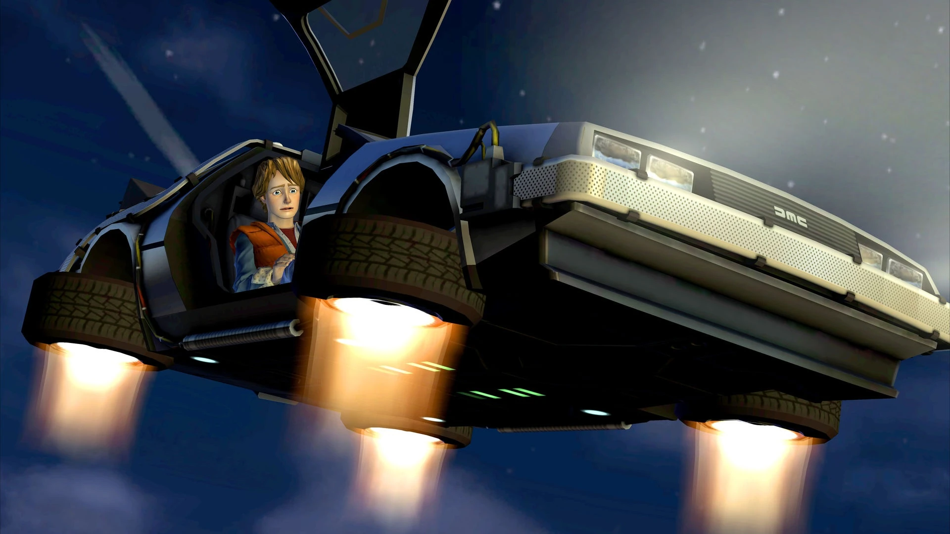 El DeLorean volando de noche con las ruedas plegadas y los propulsores encendidos y Marty asustado en el asiento