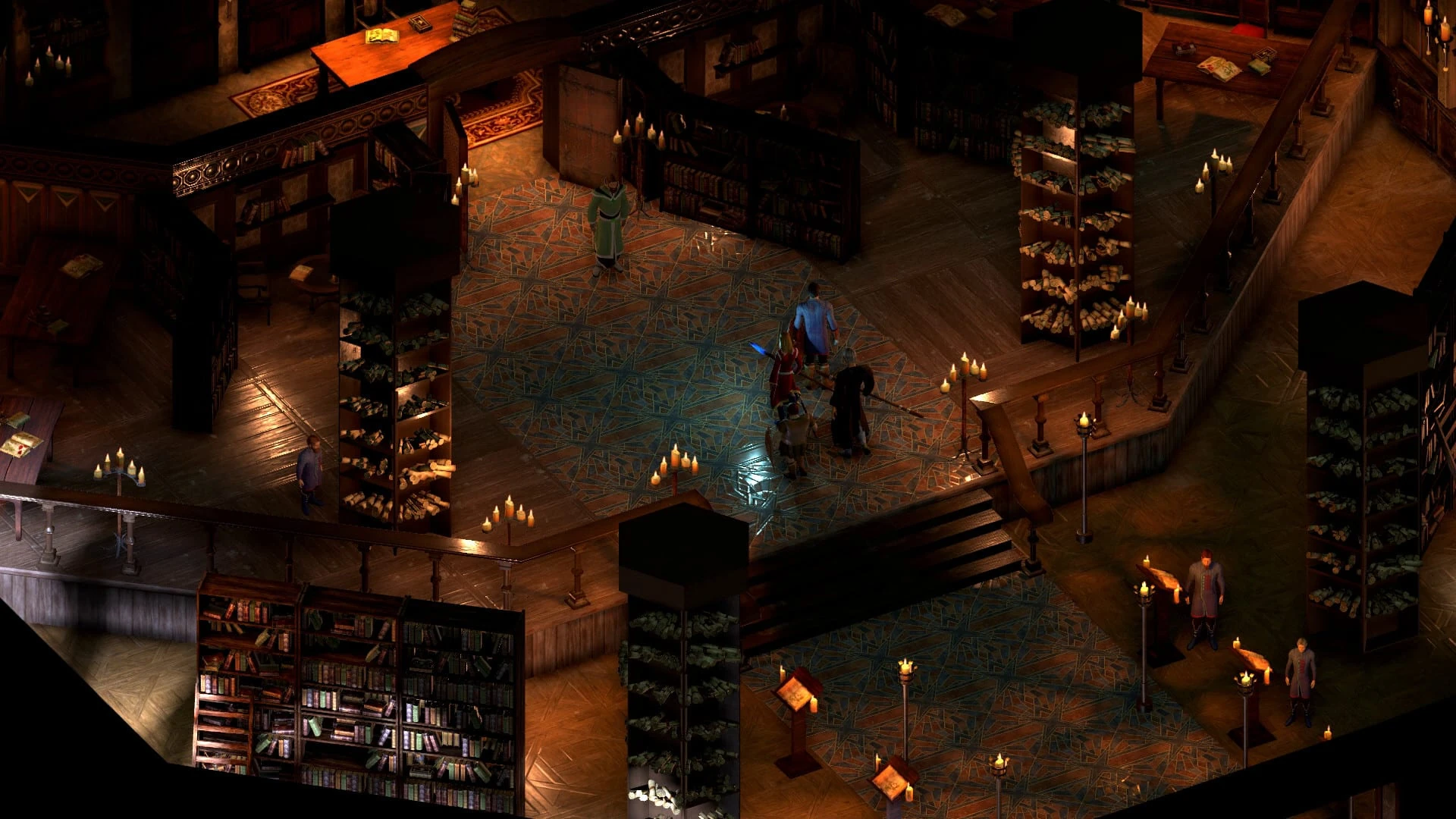 Vista isométrica de una gran biblioteca en penumbra, con estanterías, candelabros y una galería de madera, y un grupo de aventureros en el centro de la sala