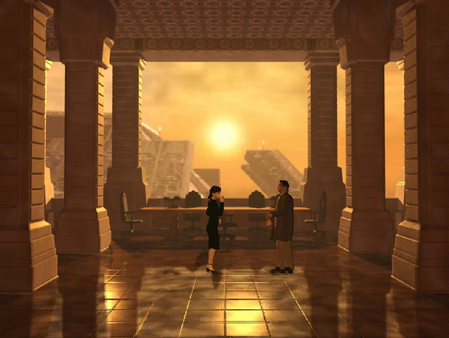 Un gran salón con columnas de piedra abierto a un atardecer anaranjado; al fondo, dos figuras junto a una mesa