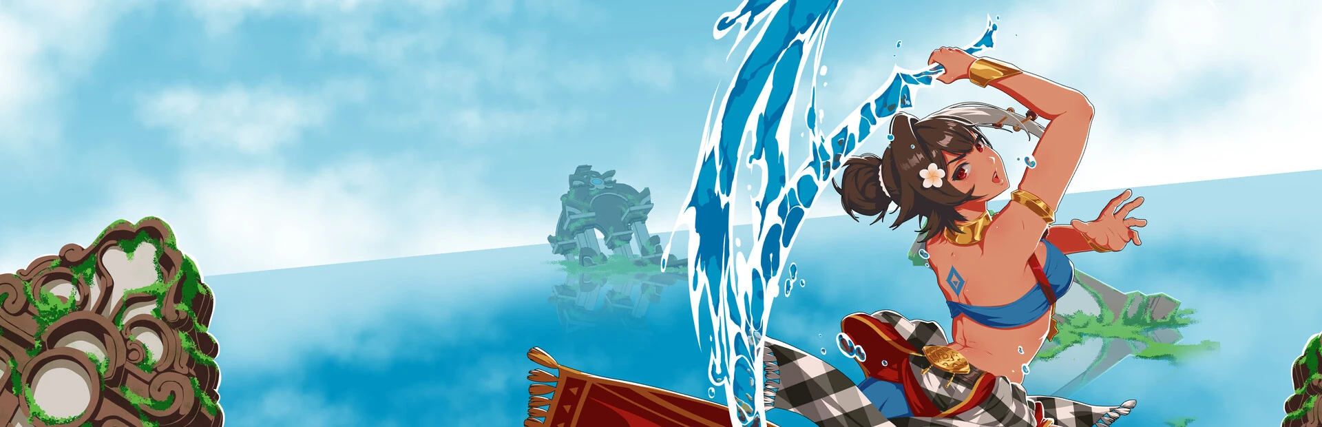 Ilustración apaisada: Mira, con sarong a cuadros y brazaletes dorados, alza un chorro de agua en forma de hoja sobre un mar con ruinas de piedra