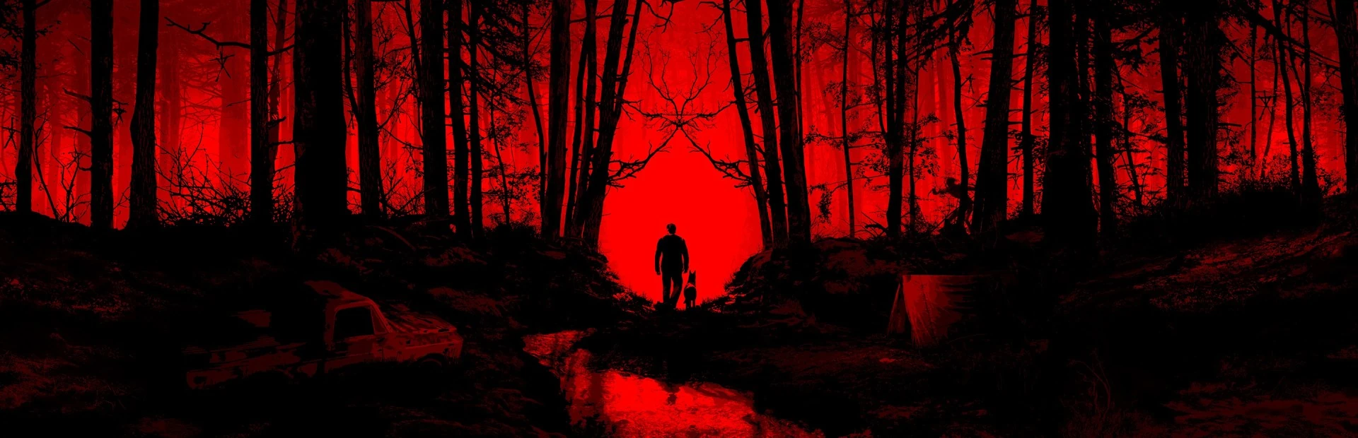 Silueta de un hombre y un perro al fondo de un bosque rojo, junto a una camioneta abandonada, un arroyo y una tienda de campaña
