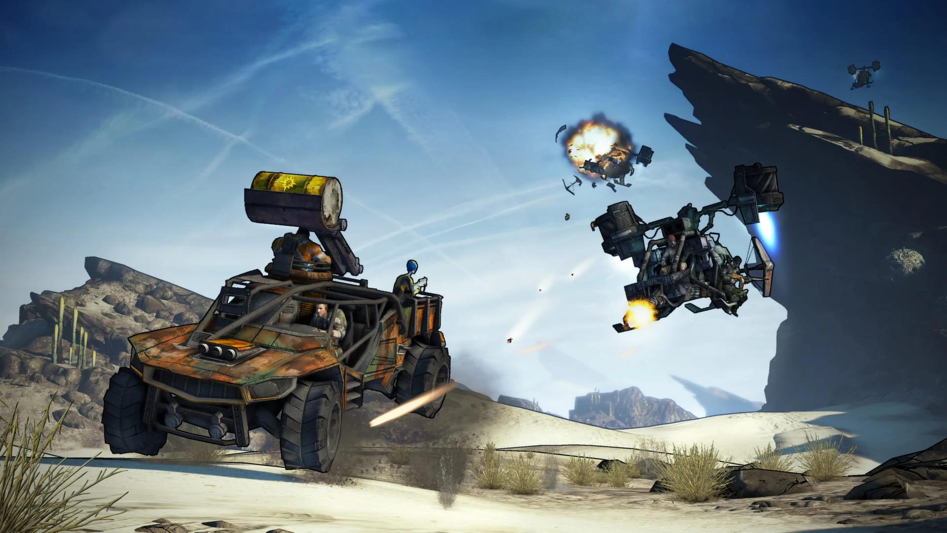 Un vehículo blindado cruza una llanura blanca mientras un dron lo persigue disparando entre rocas afiladas