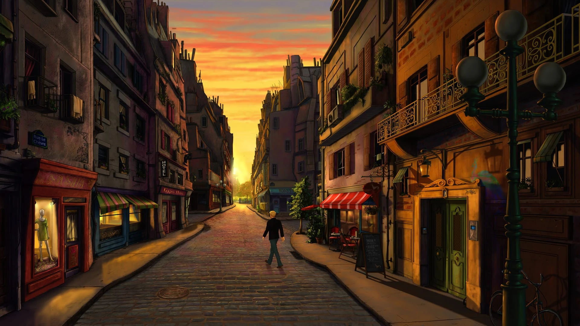 George camina solo por una calle empedrada de París al atardecer, entre tiendas, un hotel y una terraza con toldo rojo