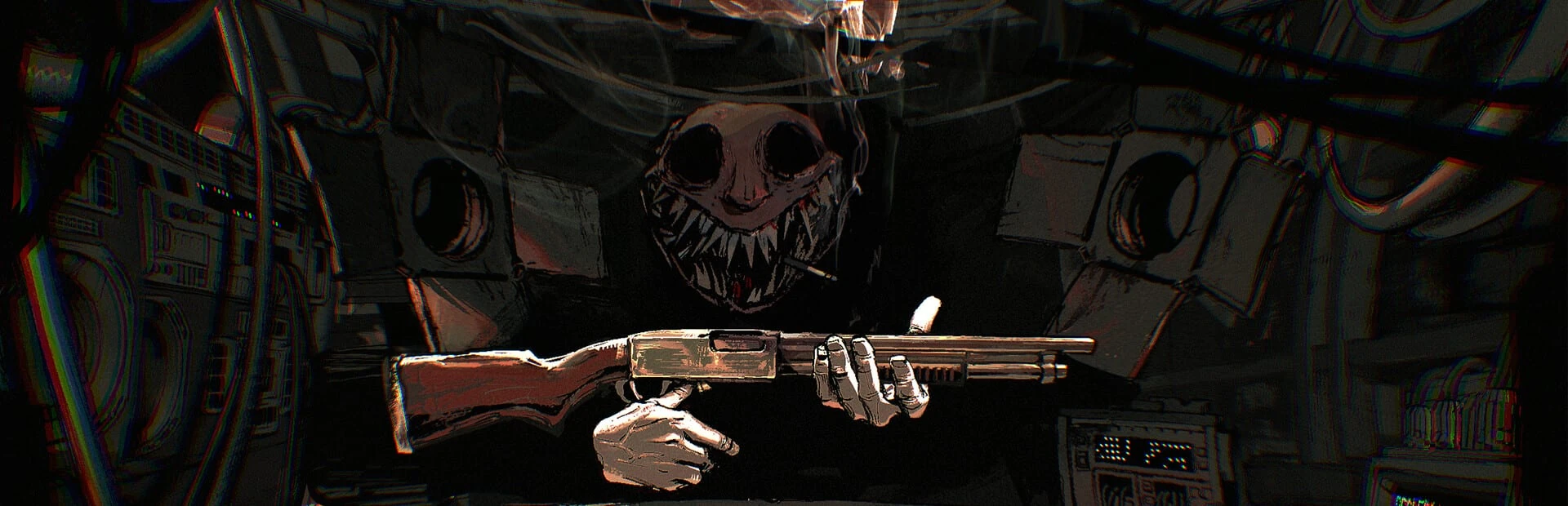 El Dealer, con su cara de calavera sonriente, sostiene una escopeta con las dos manos entre altavoces y cables de un club en penumbra