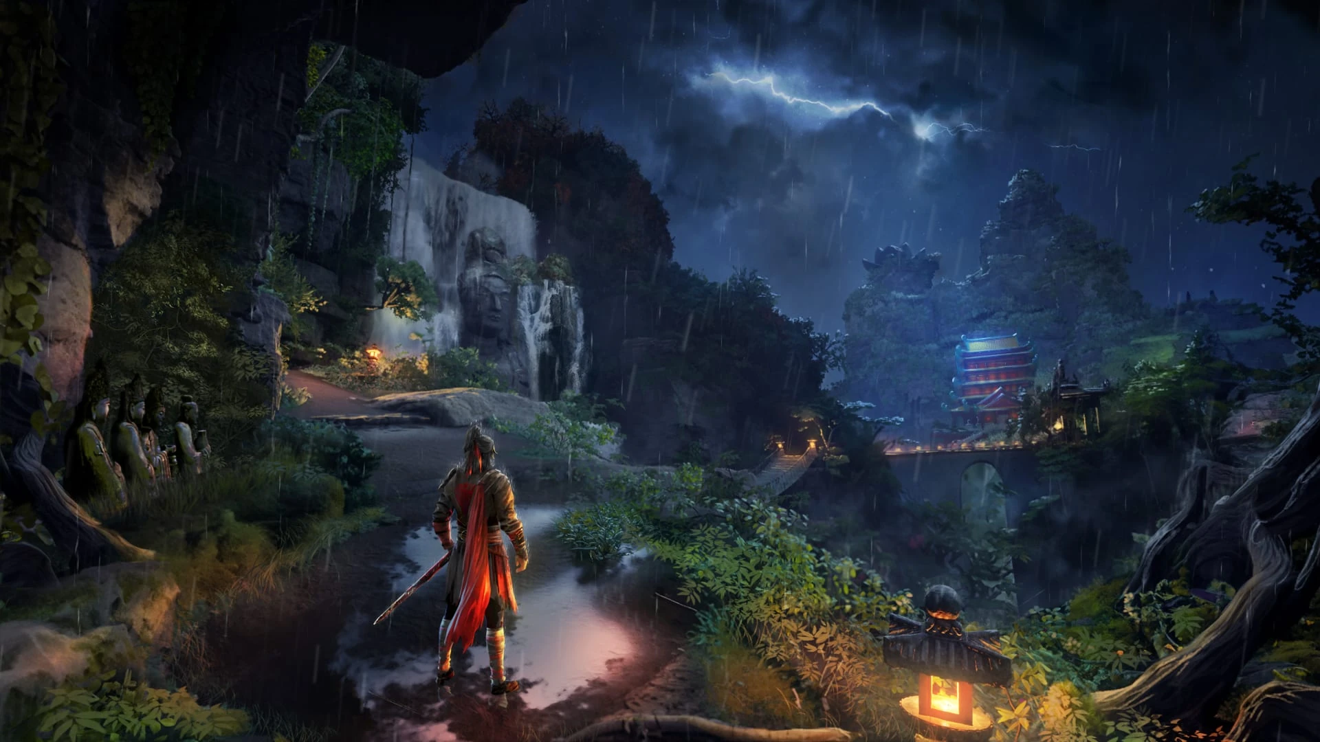 Zhang Yixian, de espaldas y con la espada en la mano, camina por un sendero encharcado de noche hacia un valle con cascadas y un templo iluminado, bajo la lluvia y un relámpago