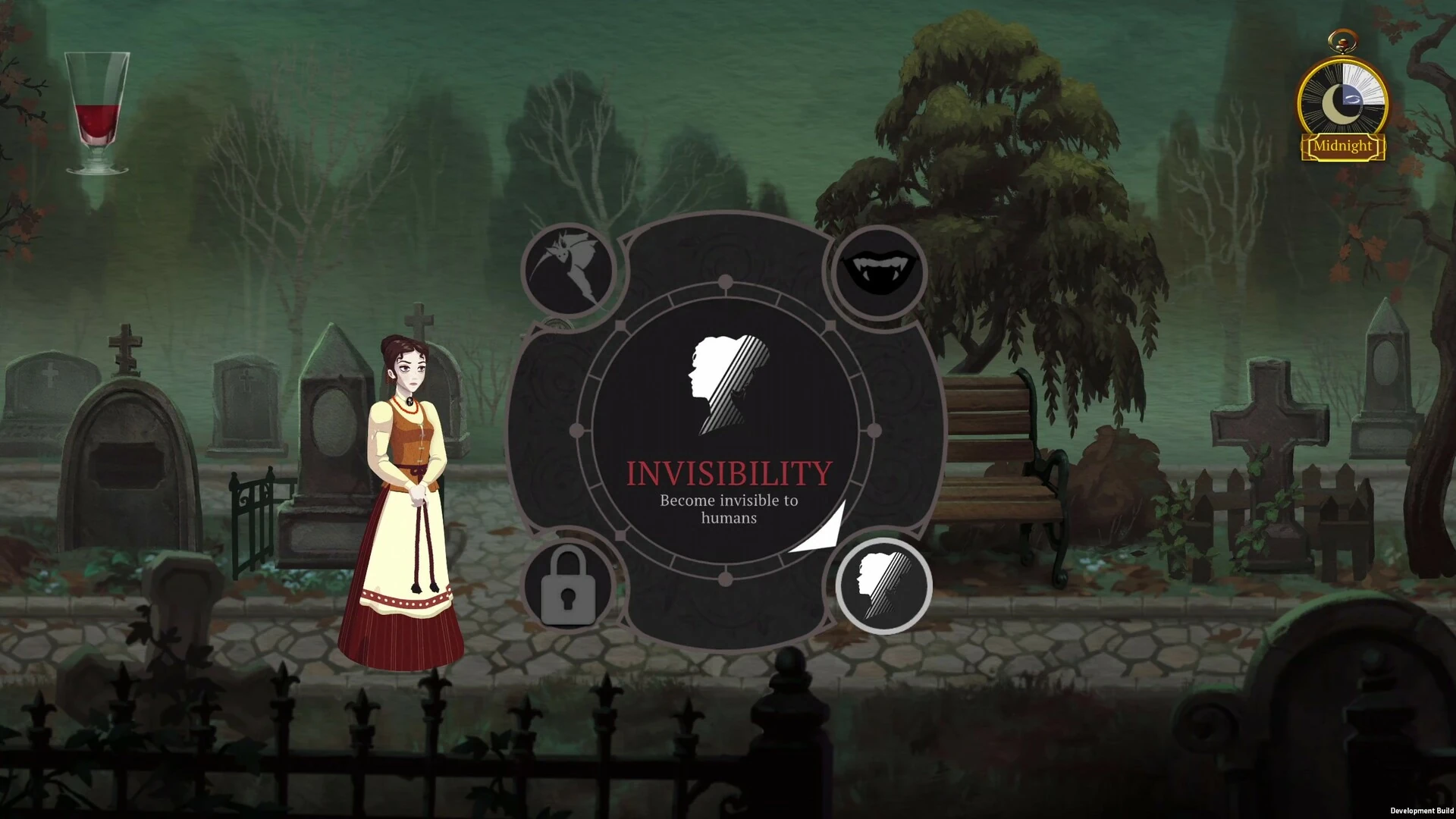 Liza en un cementerio de noche, con la rueda de poderes abierta y la invisibilidad seleccionada