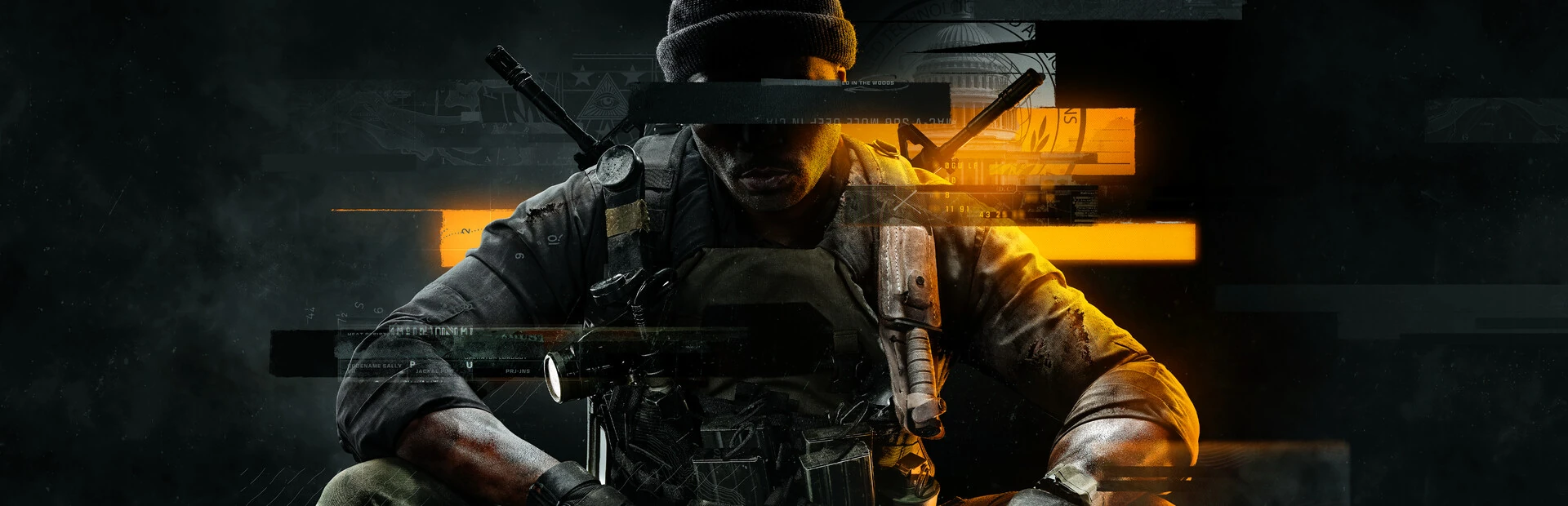 Arte oficial de Black Ops 6: un soldado agachado con gorro y el rostro cruzado por franjas naranjas, sobre fondo oscuro