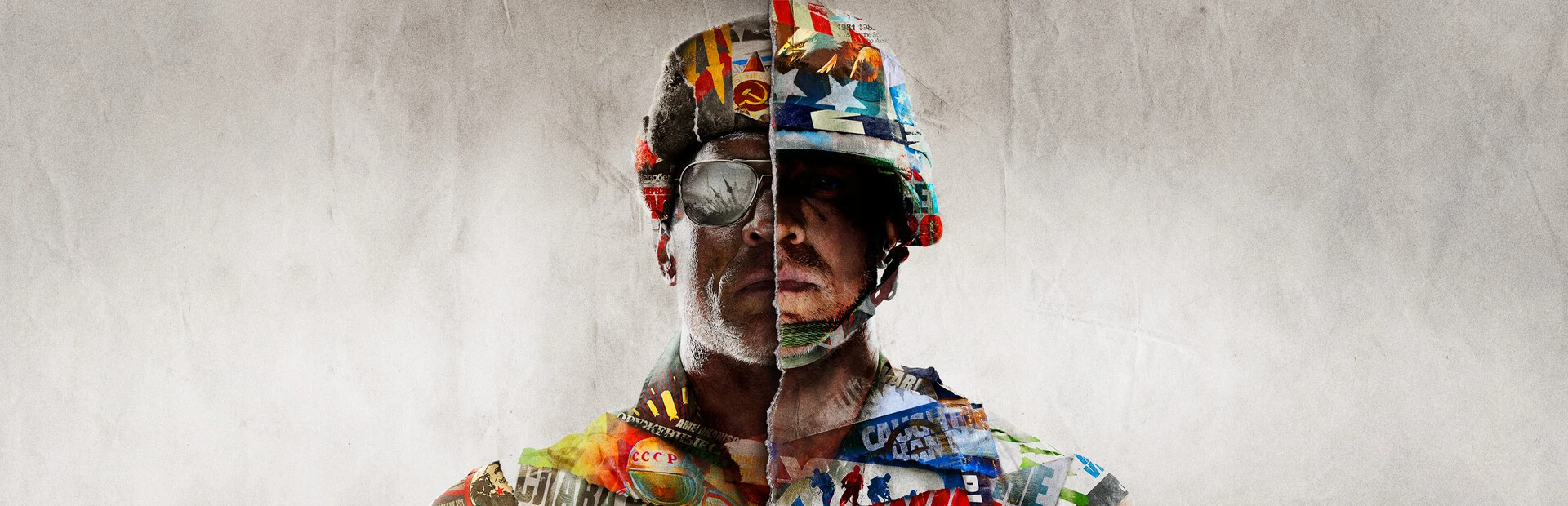 Arte oficial: un rostro de soldado partido en dos mitades, con casco y collage de símbolos soviéticos y estadounidenses