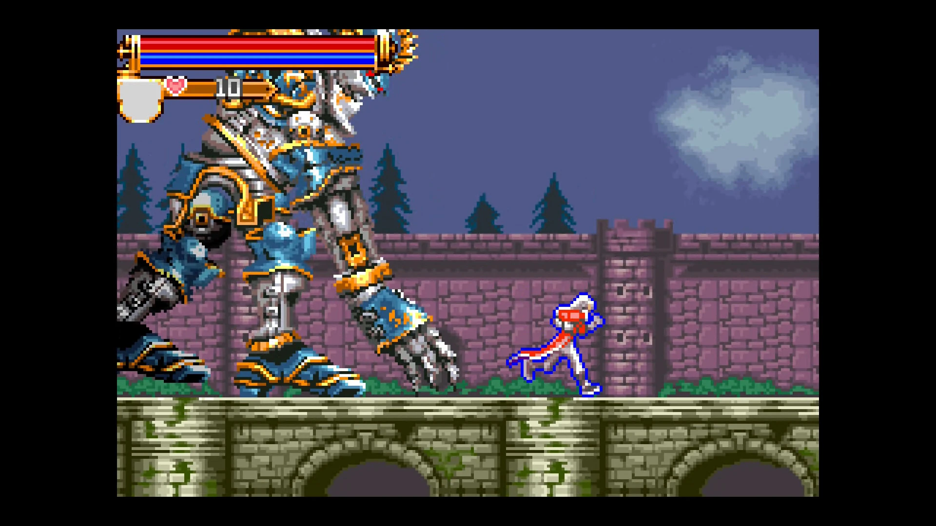 Juste Belmont corre por lo alto de una muralla mientras una armadura gigantesca avanza tras él