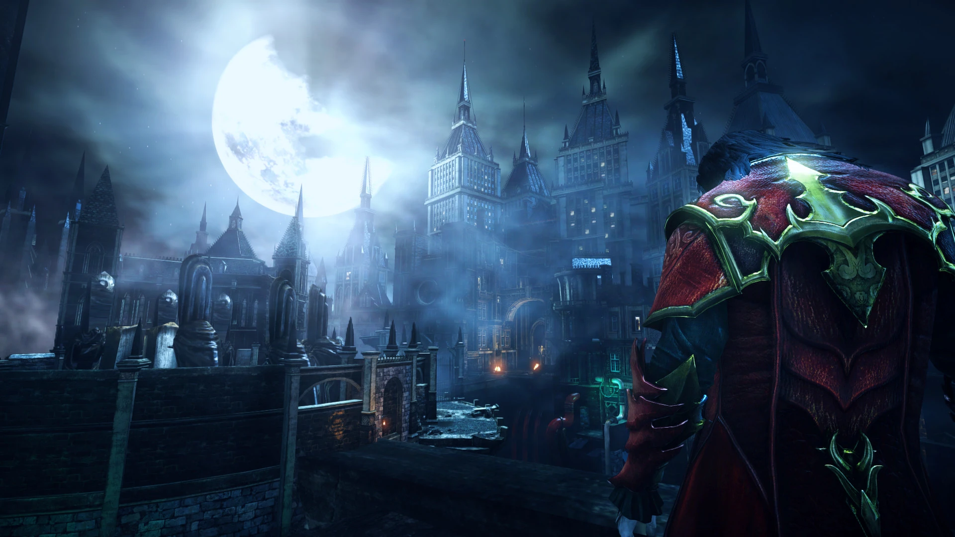 Drácula, de espaldas y con una capa roja de hombreras verdes, mira una ciudad de torres góticas bajo la luna llena