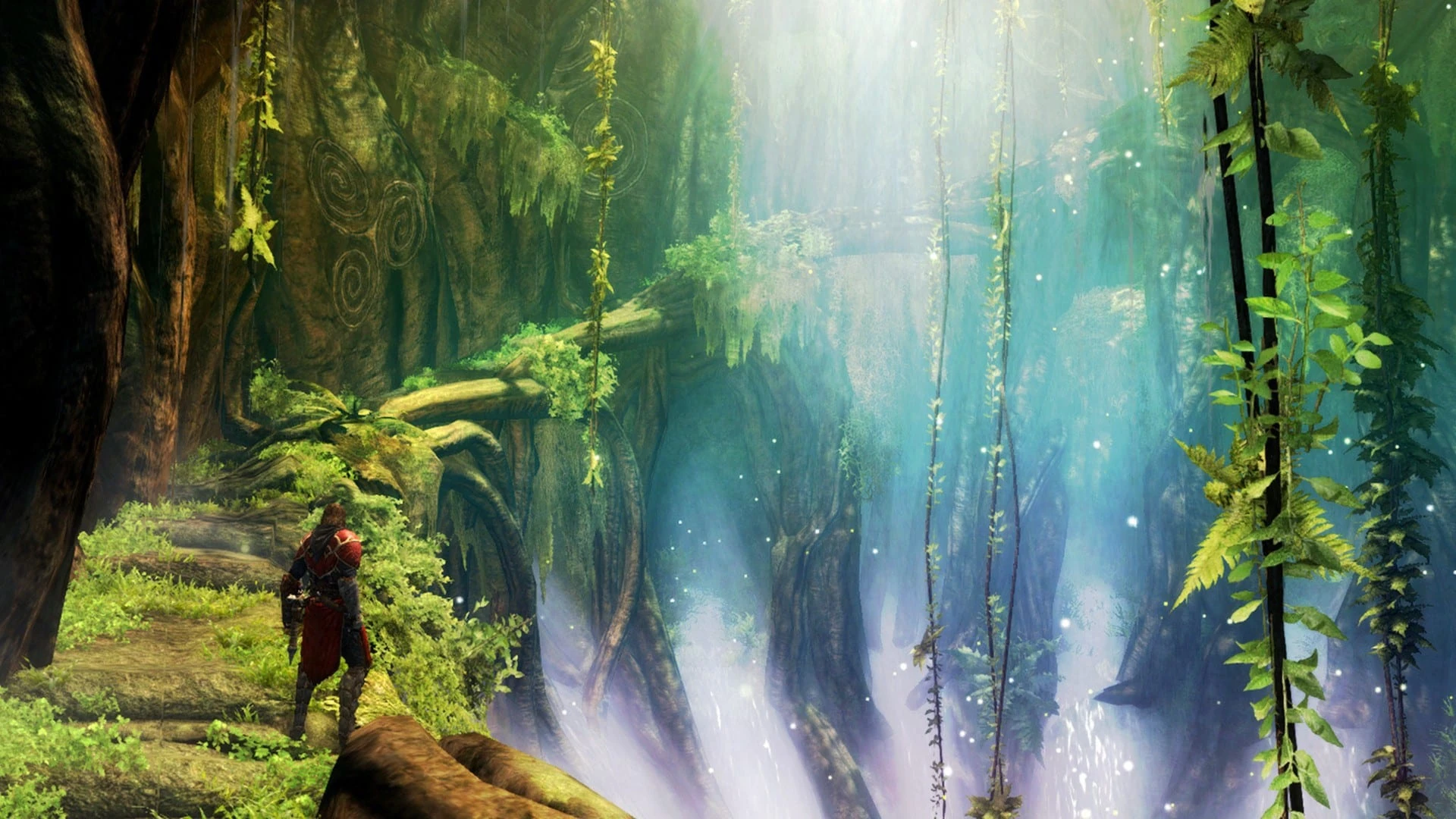 Gabriel Belmont, de espaldas y pequeño, en un bosque frondoso con lianas y una cascada iluminada al fondo