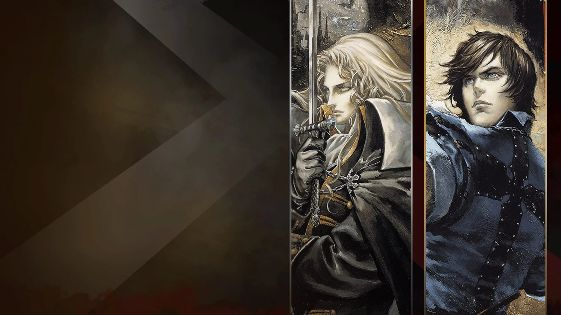 Ilustración de Alucard, rubio y con la espada ante el rostro, junto a Richter Belmont, moreno y de azul, sobre un fondo oscuro