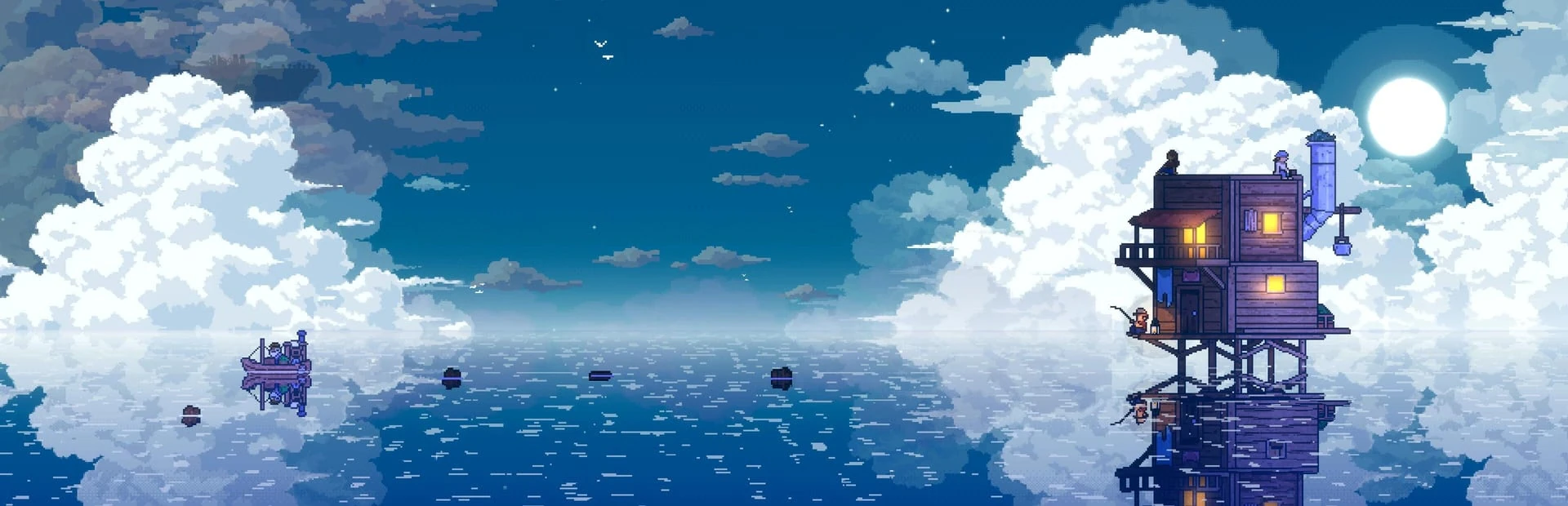Un mar en calma de noche entre nubes, con una casa iluminada sobre pilotes a la derecha y una barca lejos a la izquierda